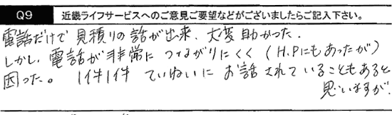 電話だけで見積りの話が出来、大変助かった。しかし、電話が非常につながりにくく（HPにもあったが）困った。１件１件丁寧にお話されている事もあると思いますが･･･。